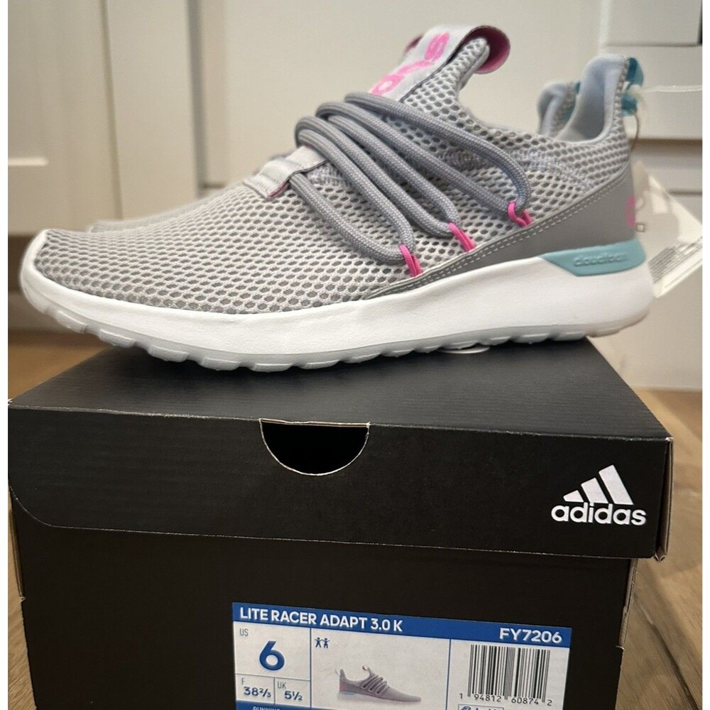 Youth Girls Adidas Lite Racer Adapt 3.0 K Sneakers Shoes Gray Pink Size 6 NIB!